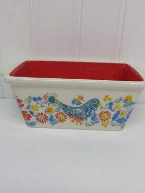 Pioneer Woman Mini Ceramic Loaf Pan Floral Mazie Red Blue Bird 5.5in New
